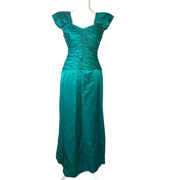 Tracy Mills Emerald Green Satin Evening Gown Dress Women's 6 Formal Ruched Rare - Picture 1 of 16